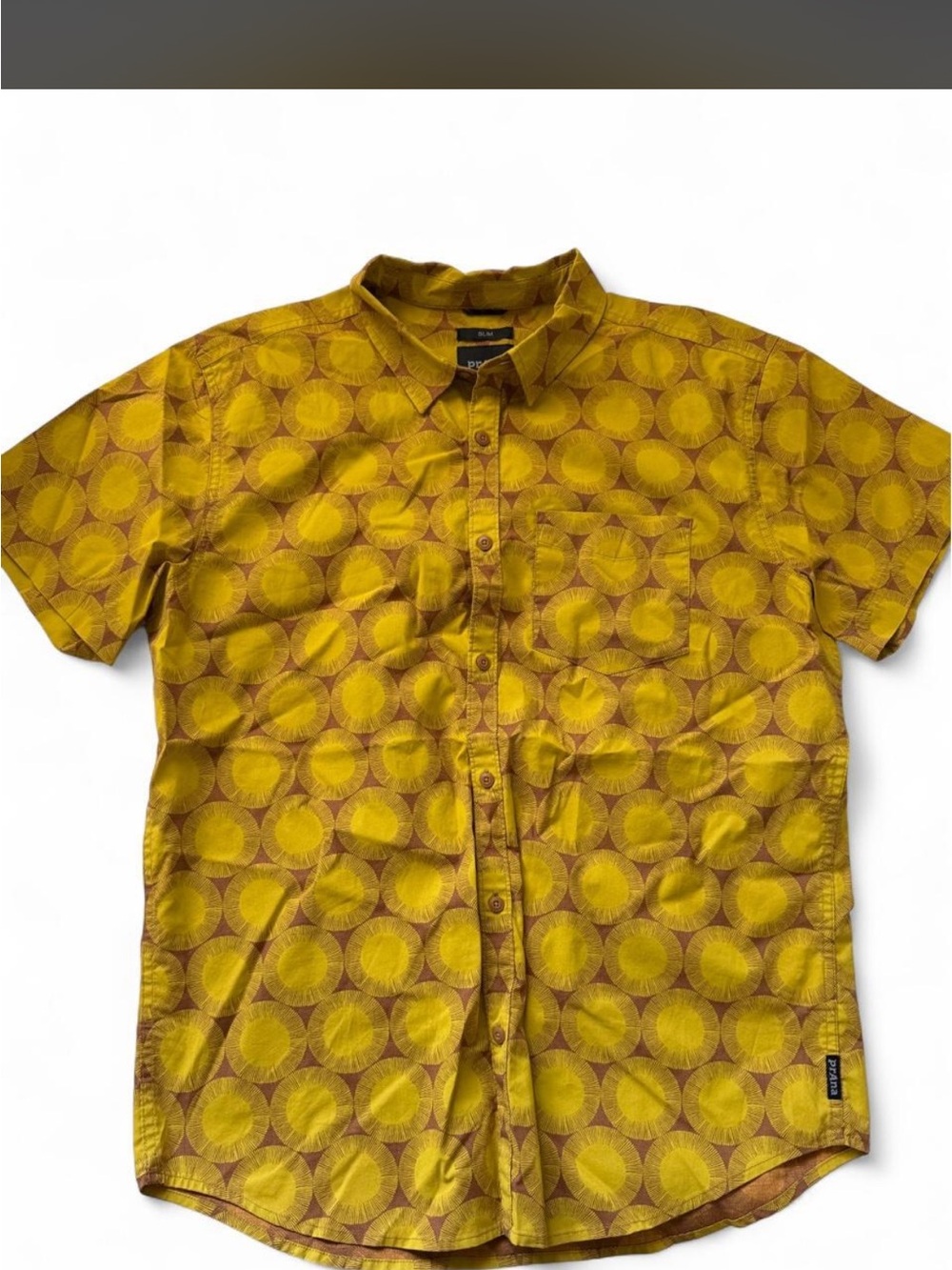 Prana Slim Men's Button-Down Shirt in Yellow with Brown Print